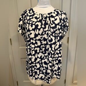 Boden Women’s Navy and White Printed Short-Sleeve Silky Top Size 14 EUC